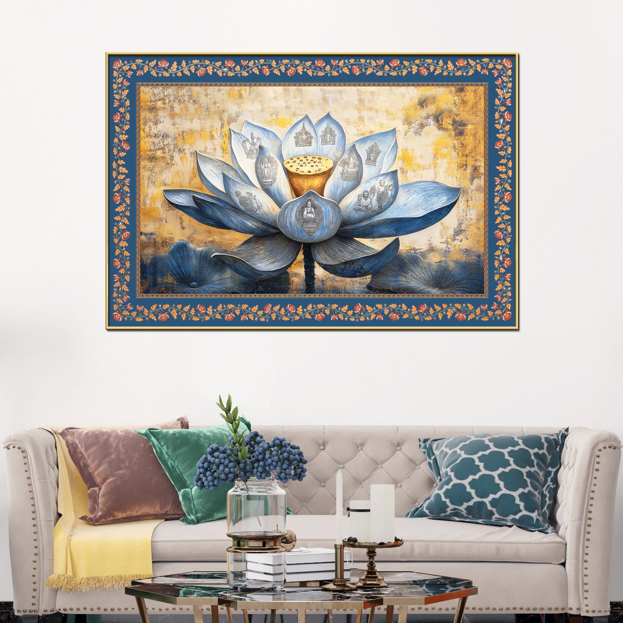 Blue Lotus Flower with Carved Figures Border Canvas Wall Painting