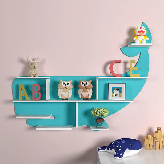 Blue Shark Shaped Wooden Wall Shelf for Kids - Decor Smart