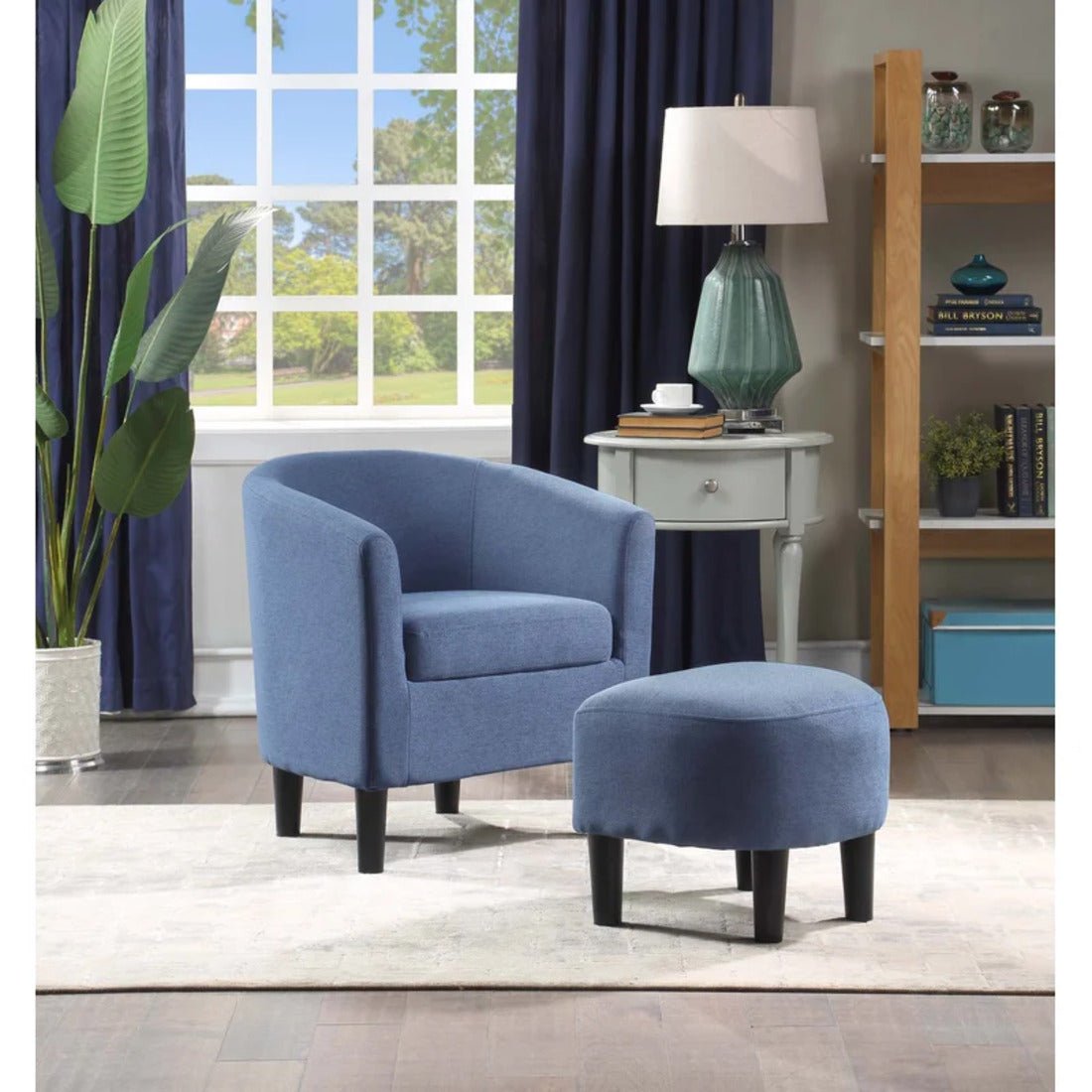 Bluish Grey Comfy Round Back Rich Velvet Accent Chair with Ottoman - Decor Smart