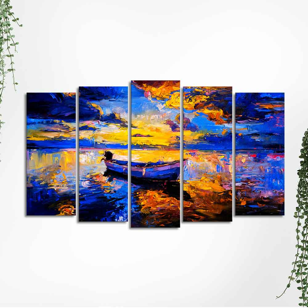 Boat at Colorful Sunset Canvas Wall Painting of Five Pieces - Decor Smart