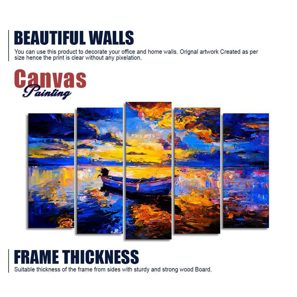 Boat at Colorful Sunset Canvas Wall Painting of Five Pieces - Decor Smart