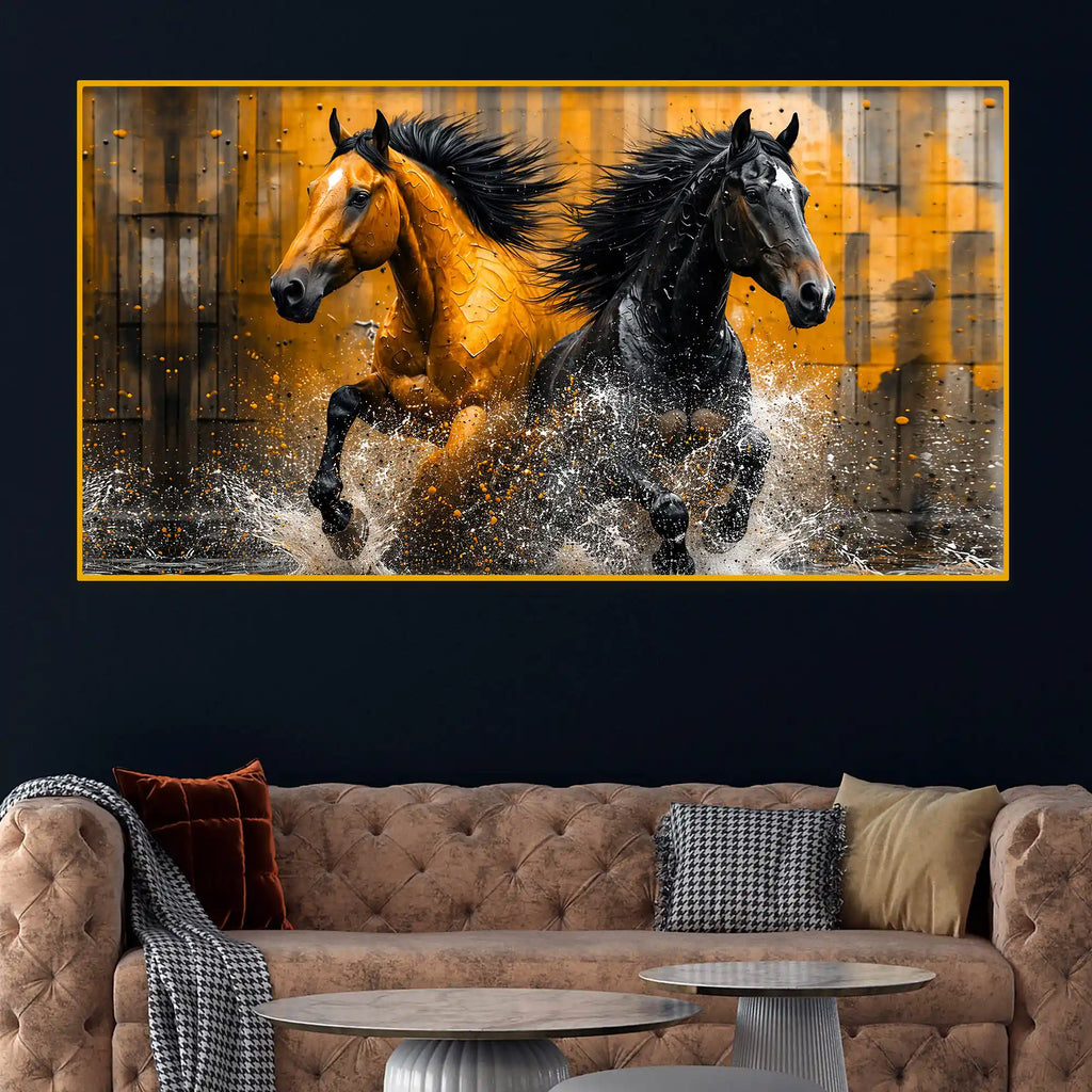 Bold Black Gold Horse Artwork Crystal Glass Painting