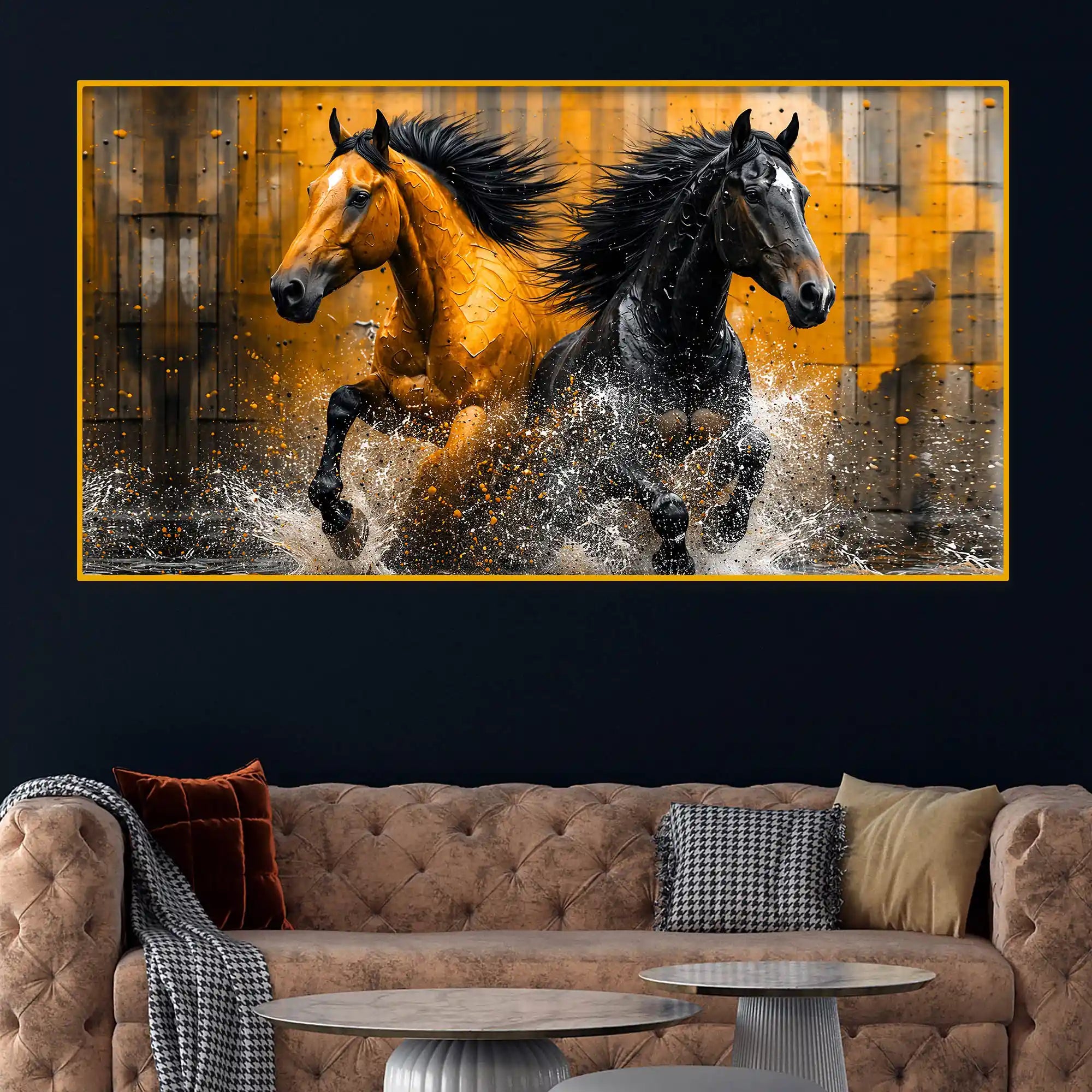Bold Black Gold Horse Artwork Crystal Glass Painting