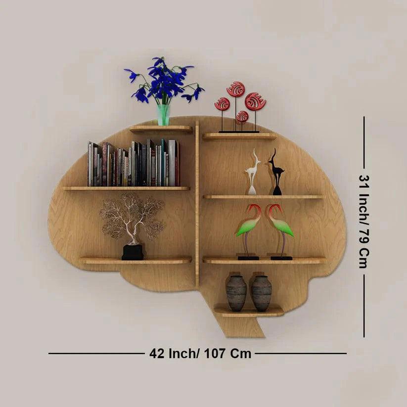 Brain Shape Backlit Designer Wooden Wall Shelf / Book Shelf / Night Light, Light Oak Finish - Decor Smart