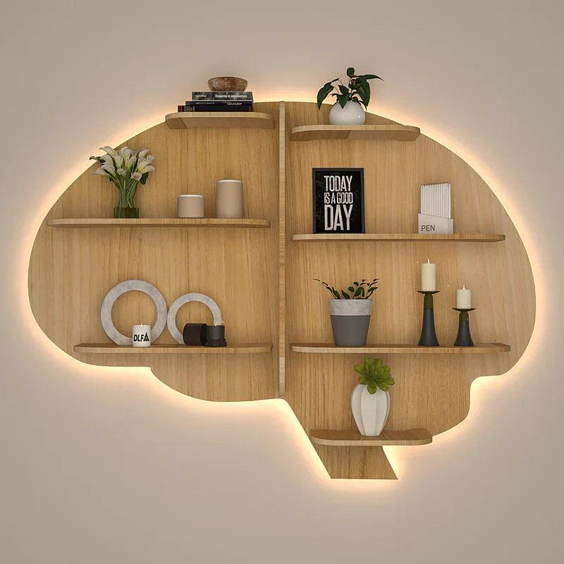 Brain Shape Backlit Designer Wooden Wall Shelf / Book Shelf / Night Light, Light Oak Finish - Decor Smart