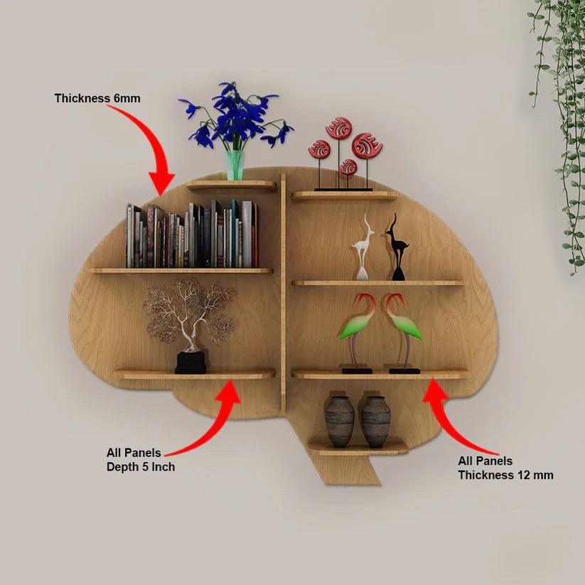 Brain Shape Backlit Designer Wooden Wall Shelf / Book Shelf / Night Light, Light Oak Finish - Decor Smart