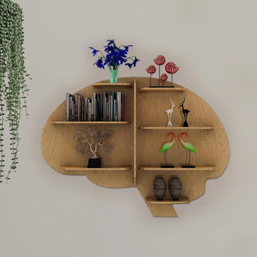 Brain Shape Backlit Designer Wooden Wall Shelf / Book Shelf / Night Light, Light Oak Finish - Decor Smart
