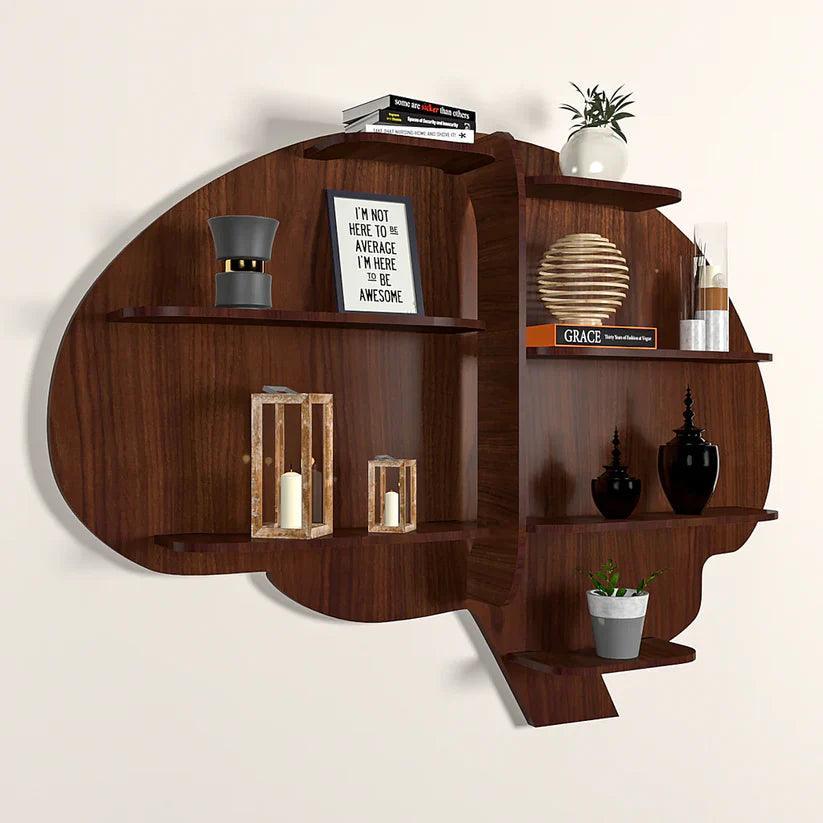 Brain Shape Backlit Designer Wooden Wall Shelf / Book Shelf / Night Light, Walnut Finish - Decor Smart