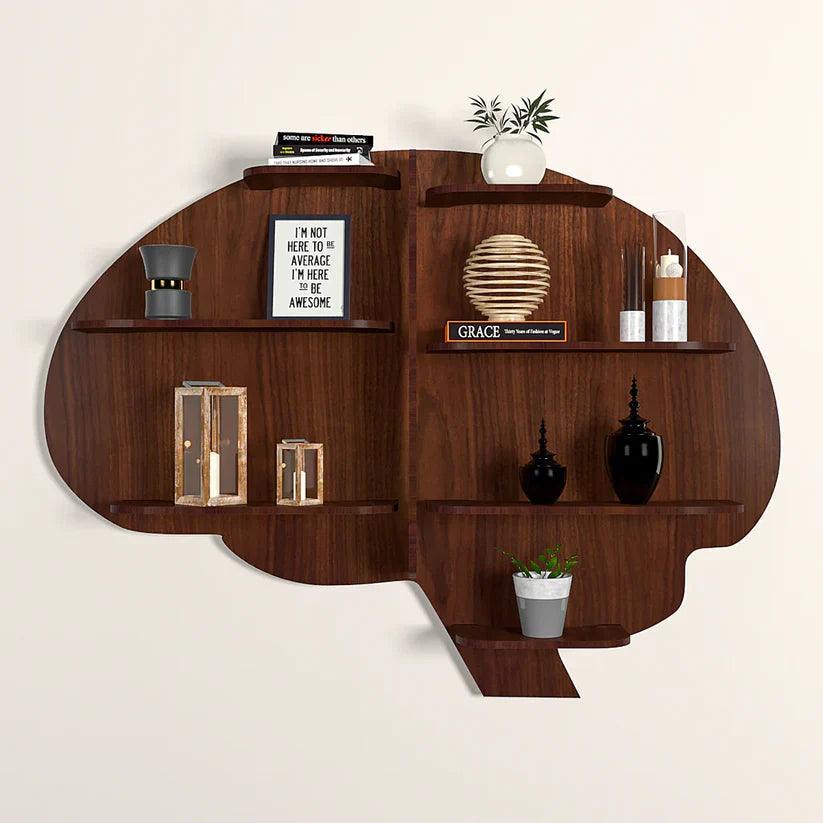 Brain Shape Backlit Designer Wooden Wall Shelf / Book Shelf / Night Light, Walnut Finish - Decor Smart