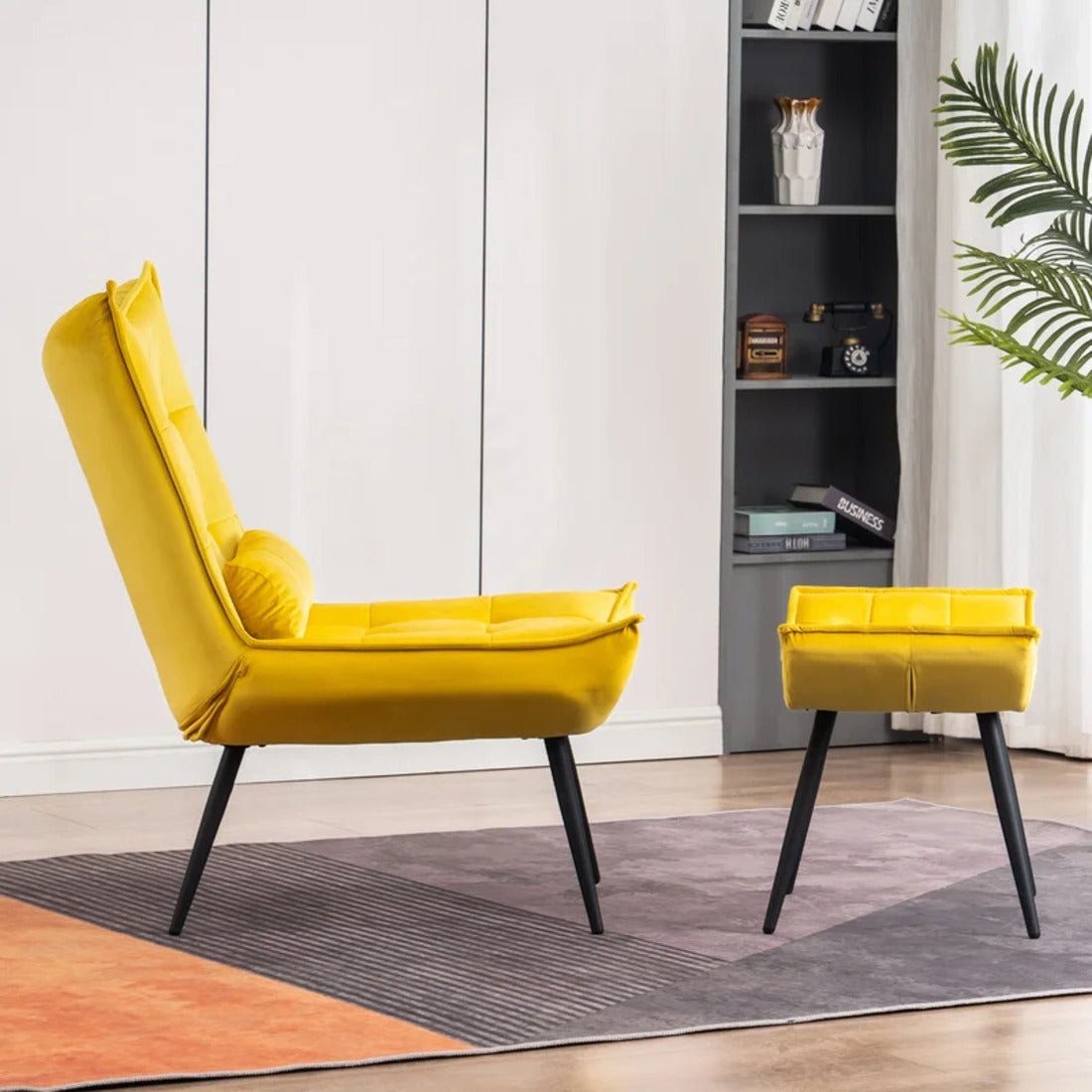 Bright Yellow Leatherette Finish Accent Chair with Footrest & Cushion - Decor Smart