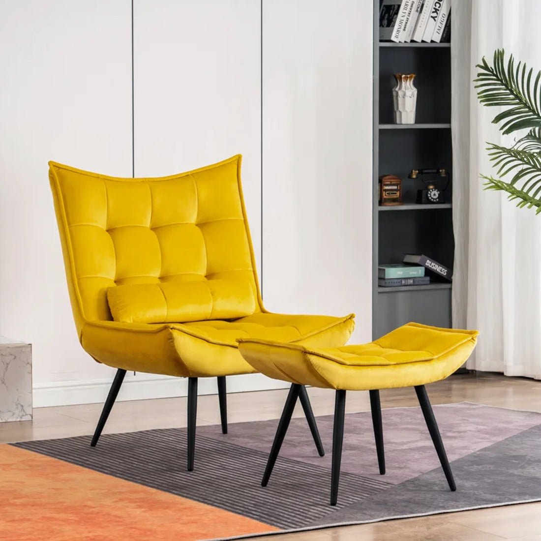 Bright Yellow Leatherette Finish Accent Chair with Footrest & Cushion - Decor Smart