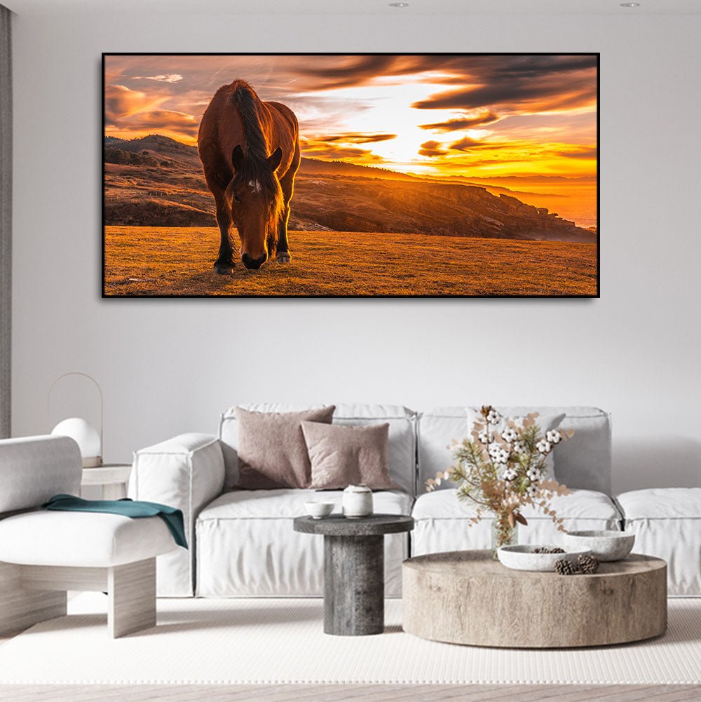 Brown Horse Eating At Sunset Premium Wall Painting - Decor Smart
