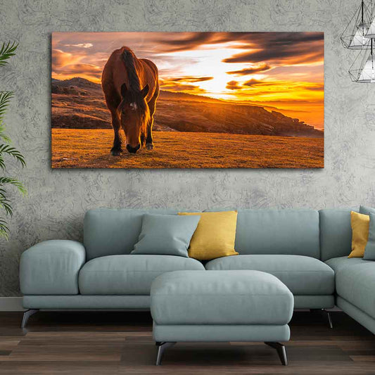 Brown Horse Eating At Sunset Premium Wall Painting - Decor Smart