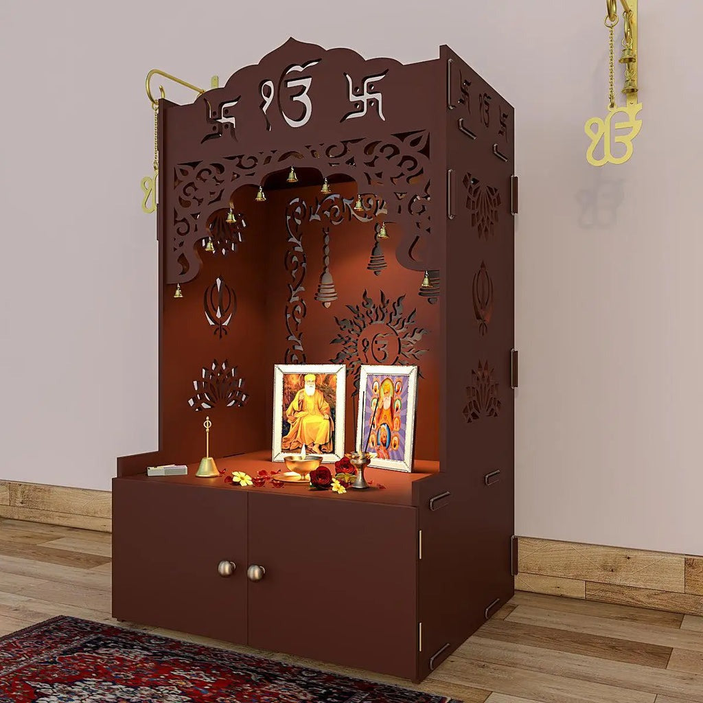 Brown Wooden Floor Pooja Mandir with Ik Onkar & Swastik Design Laser-Cut Bell Motifs Storage Cabinet & Ornate Arch
