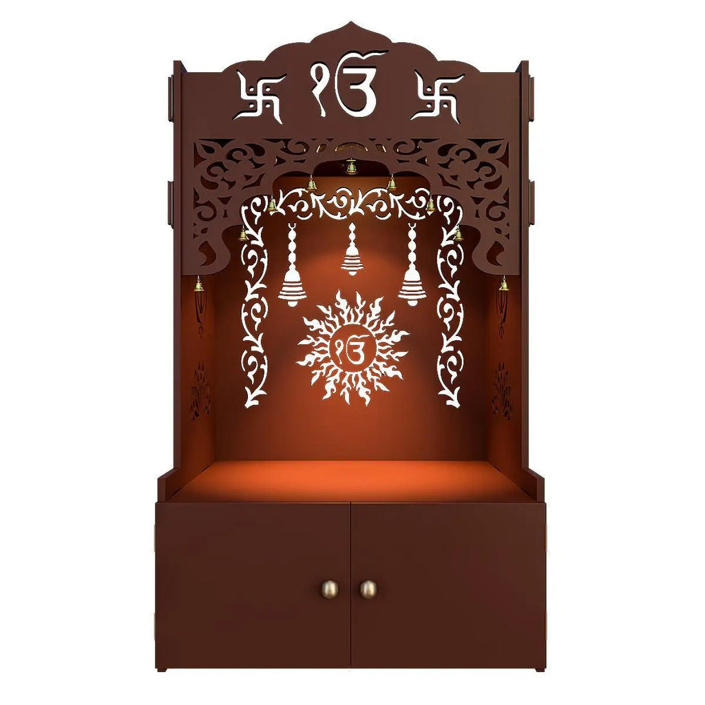 Brown Wooden Floor Pooja Mandir with Ik Onkar & Swastik Design Laser-Cut Bell Motifs Storage Cabinet & Ornate Arch