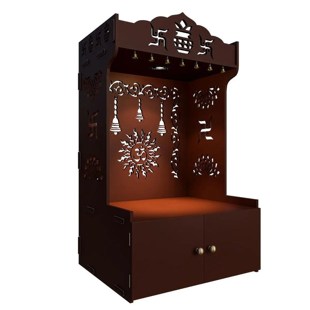 Brown Wooden Floor Pooja Mandir with Kalash & Om Design Laser-Cut Bell Motifs & Storage Cabinet