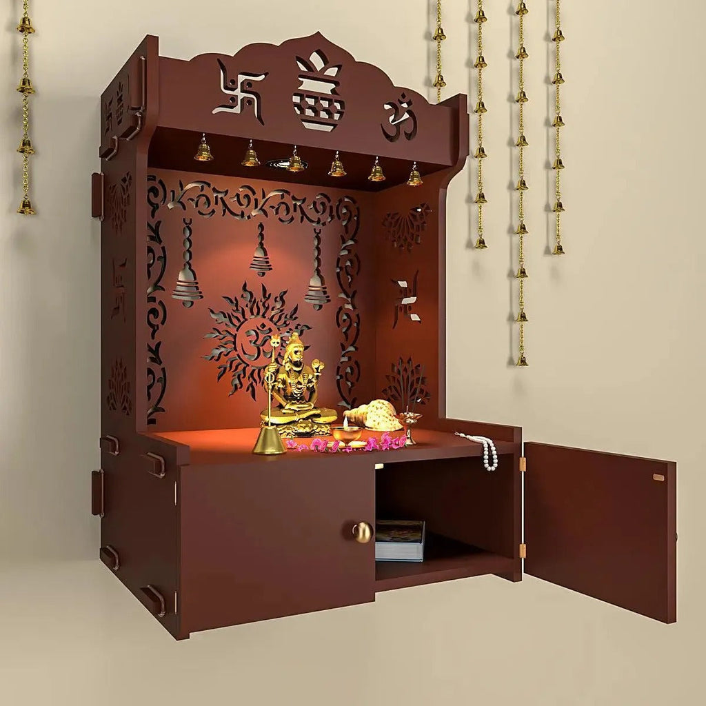 Brown Wooden Wall Mounted Temple with Om-Swastik Carving Pooja Mandir for Home