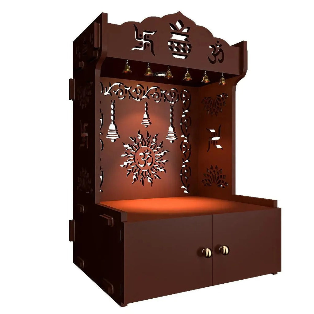 Brown Wooden Wall Mounted Temple with Om-Swastik Carving Pooja Mandir for Home