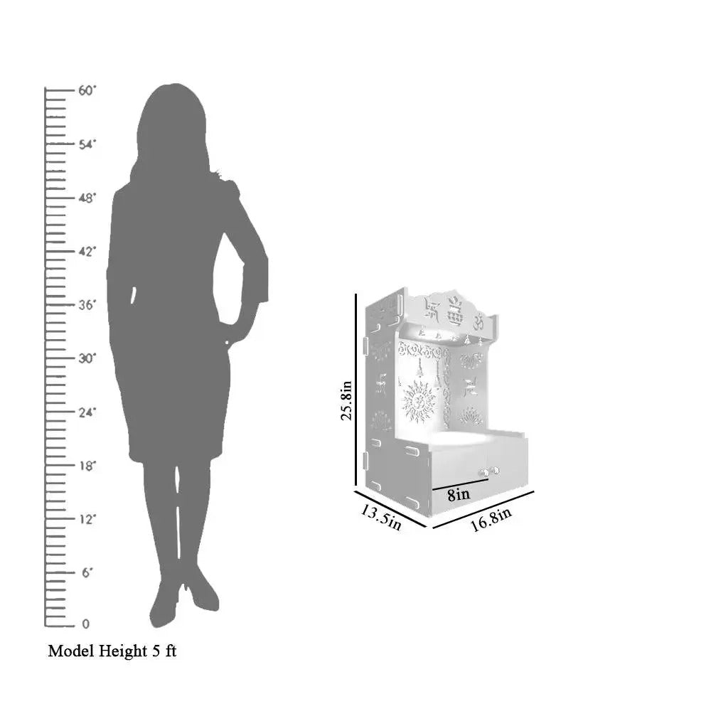 Brown Wooden Wall Mounted Temple with Om-Swastik Carving Pooja Mandir for Home