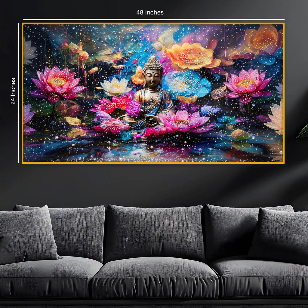 Buddha Meditation Floral Crystal Glass Painting for Luxury Décor