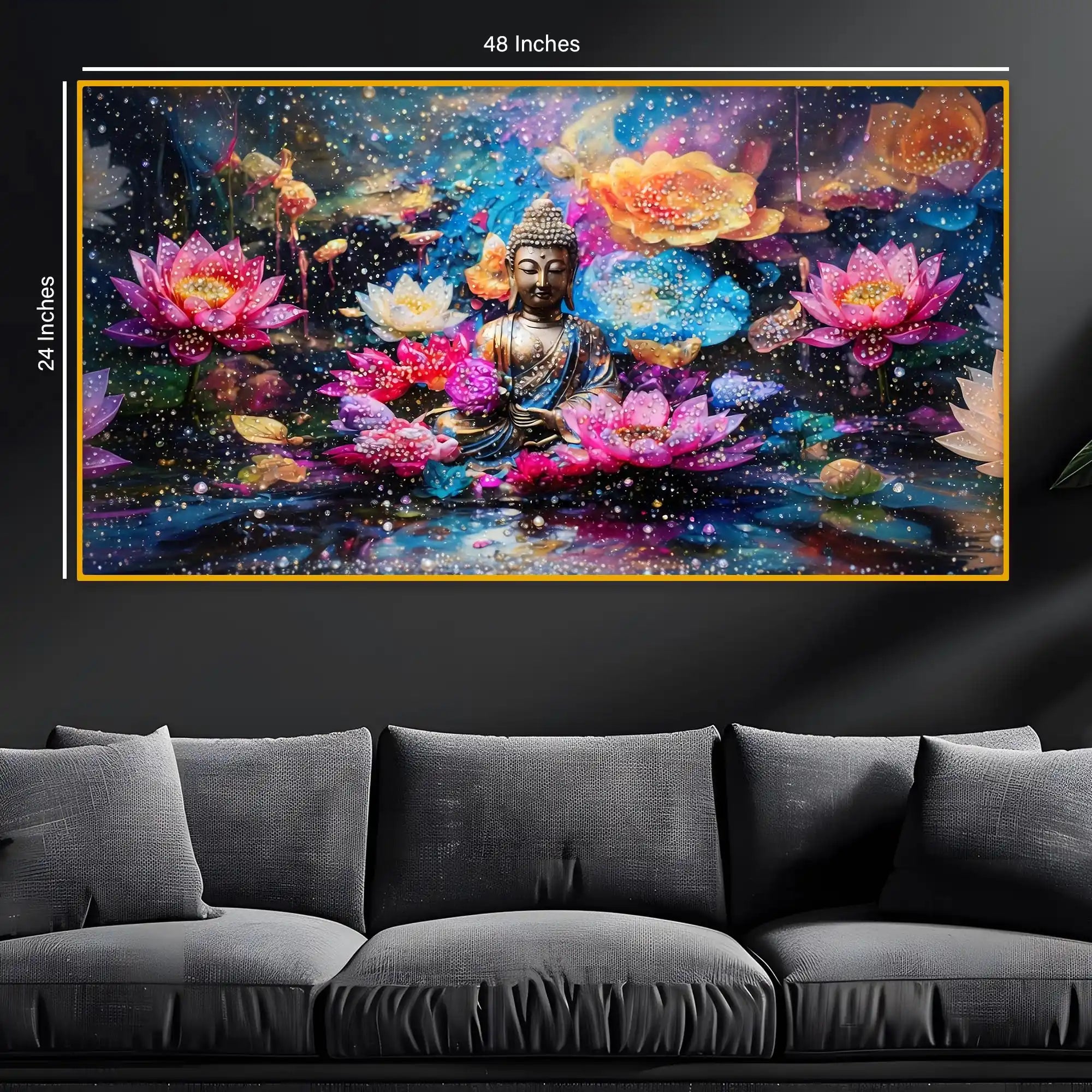 Buddha Meditation Floral Crystal Glass Painting for Luxury Décor