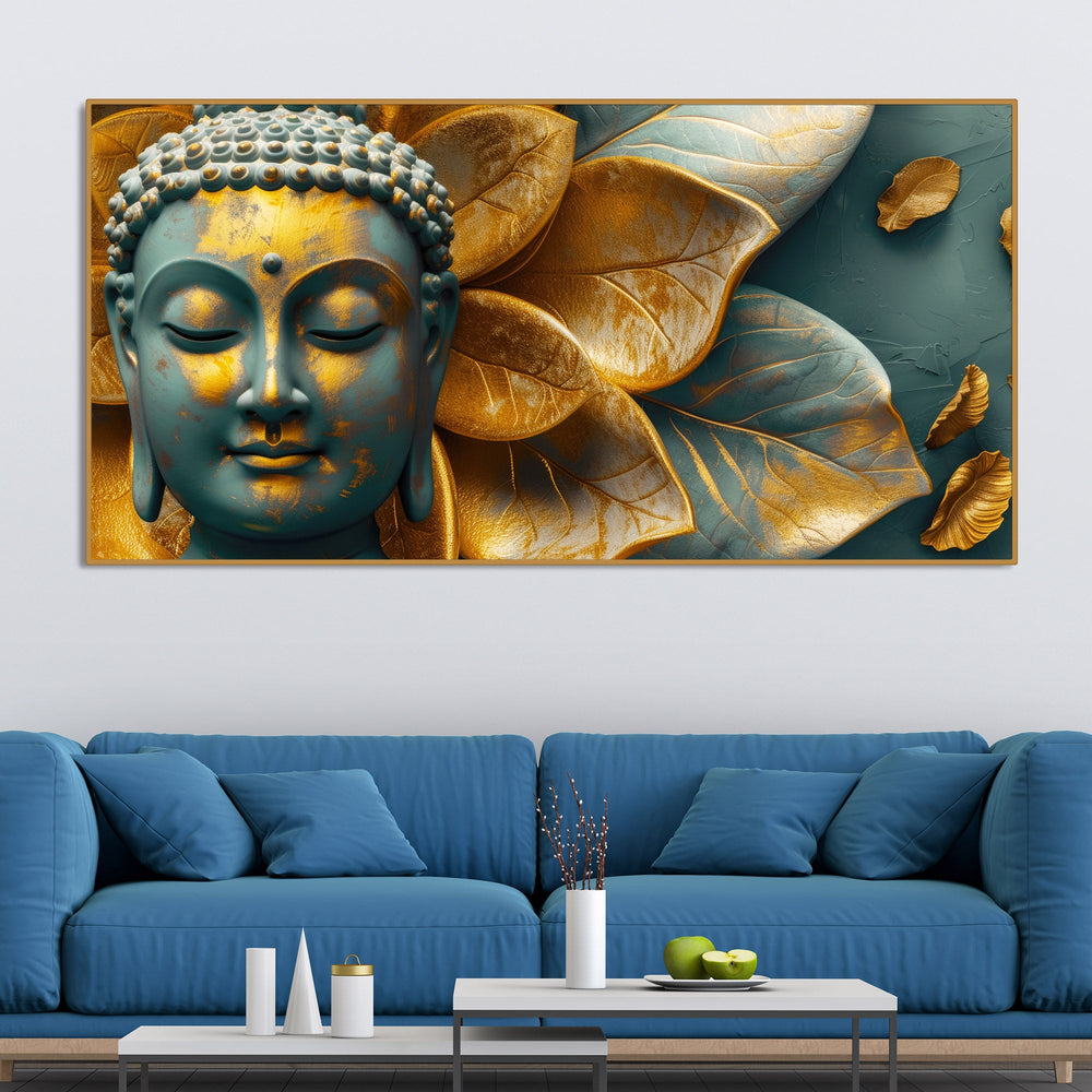 Buddha Statue with Golden Flower Leaf Art Canvas Wall Painting