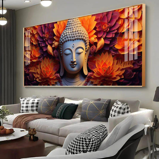 Buddha with Blooming Flower Premium Acrylic Floating Wall Painting - Decor Smart