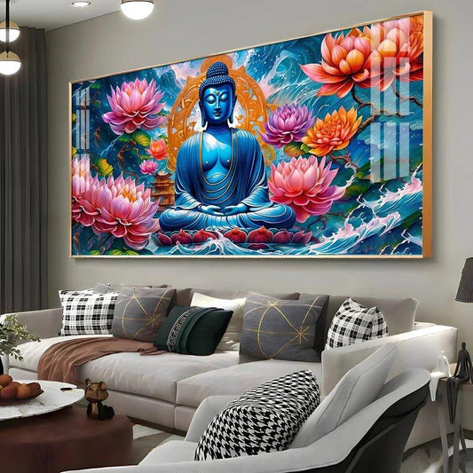 Buddha with Flower Premium Acrylic Floating Wall Painting - Decor Smart