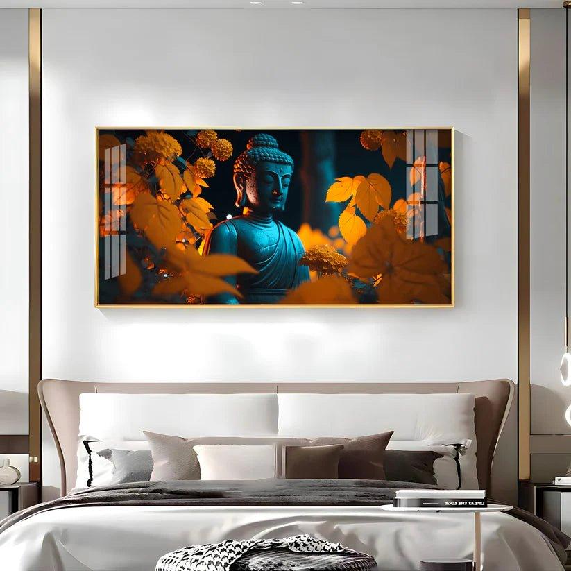 Buddha with Golden Autumn Fall Premium Acrylic Floating Wall Painting - Decor Smart
