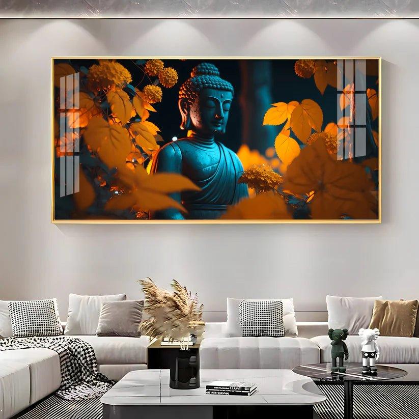 Buddha with Golden Autumn Fall Premium Acrylic Floating Wall Painting - Decor Smart