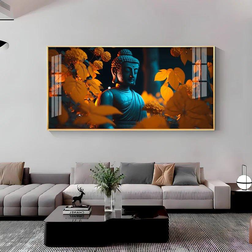 Buddha with Golden Autumn Fall Premium Acrylic Floating Wall Painting - Decor Smart
