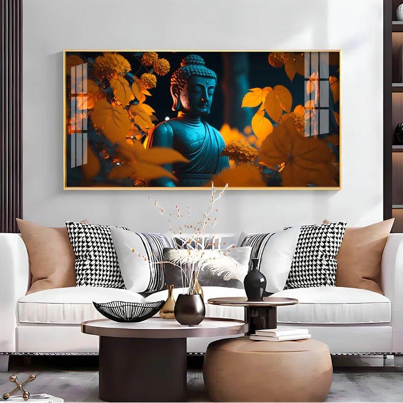 Buddha with Golden Autumn Fall Premium Acrylic Floating Wall Painting - Decor Smart