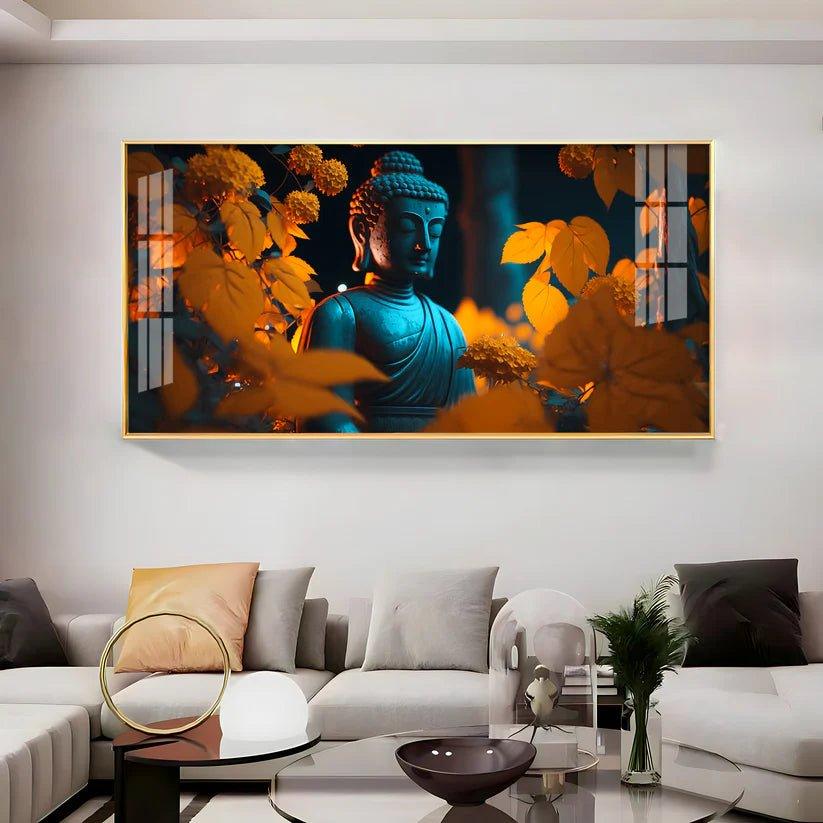 Buddha with Golden Autumn Fall Premium Acrylic Floating Wall Painting - Decor Smart