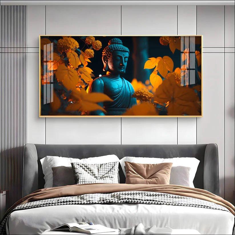 Buddha with Golden Autumn Fall Premium Acrylic Floating Wall Painting - Decor Smart