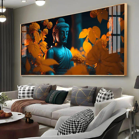 Buddha with Golden Autumn Fall Premium Acrylic Floating Wall Painting - Decor Smart