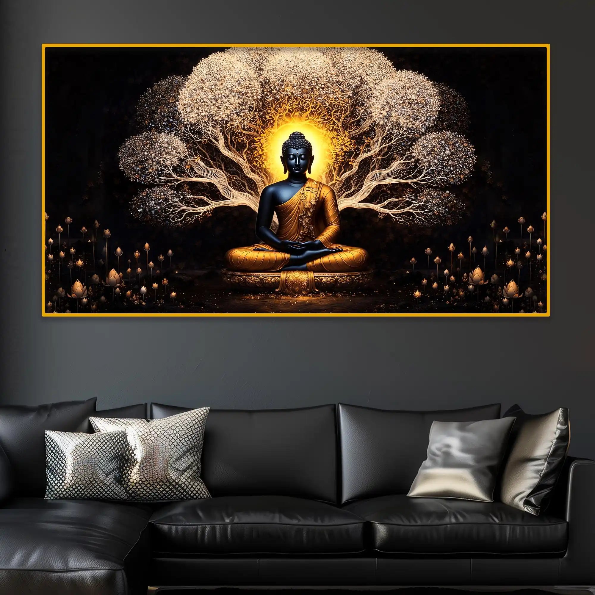 Buddha with Sacred Tree Crystal Glass Premium Painting for Designer Décor