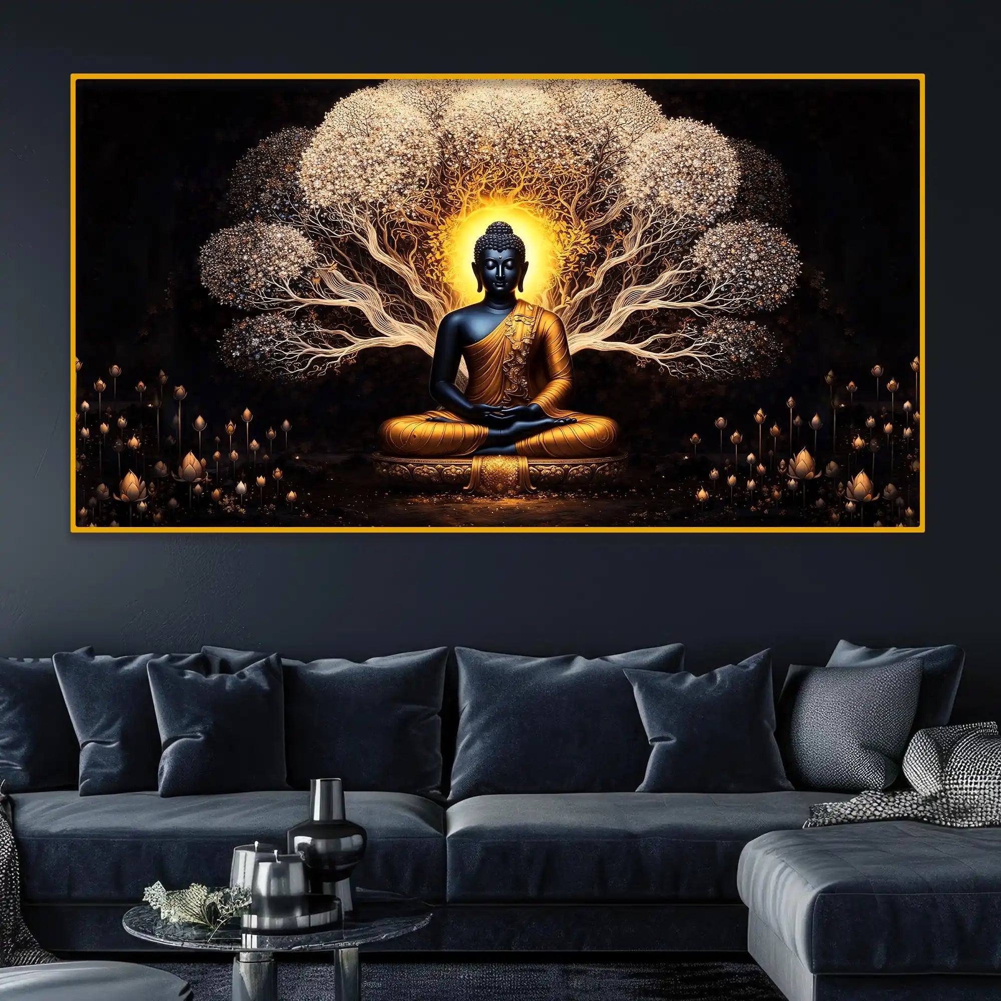 Buddha with Sacred Tree Crystal Glass Premium Painting for Designer Décor