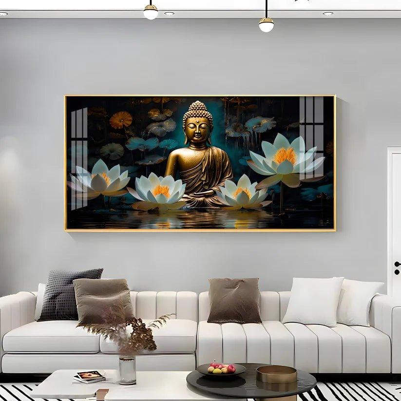 Buddha with White Lotus Premium Acrylic Floating Wall Painting - Decor Smart