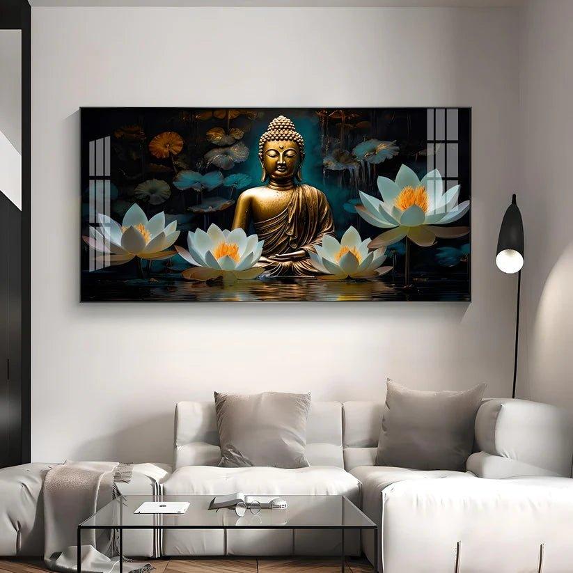 Buddha with White Lotus Premium Acrylic Floating Wall Painting - Decor Smart