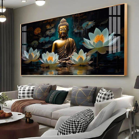 Buddha with White Lotus Premium Acrylic Floating Wall Painting - Decor Smart