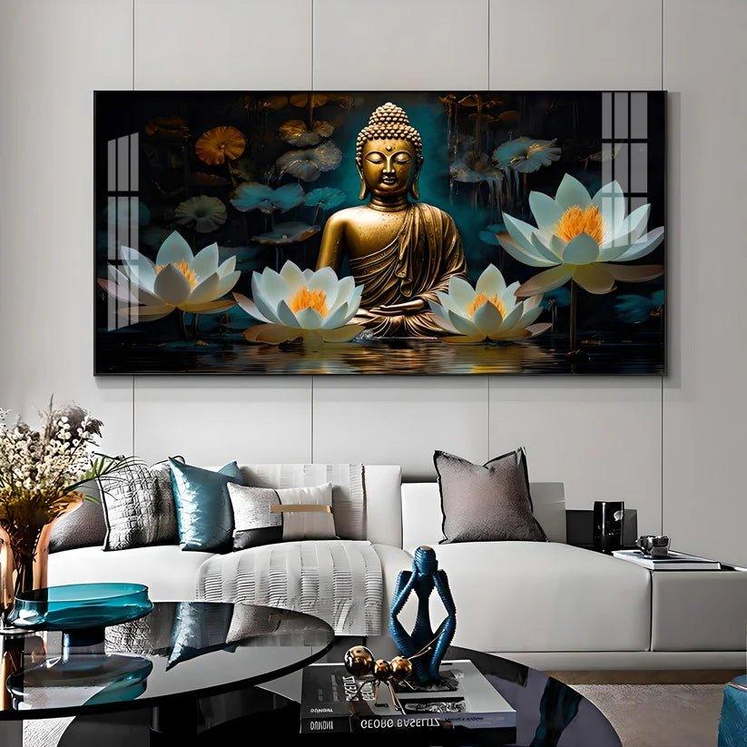 Buddha with White Lotus Premium Acrylic Floating Wall Painting - Decor Smart