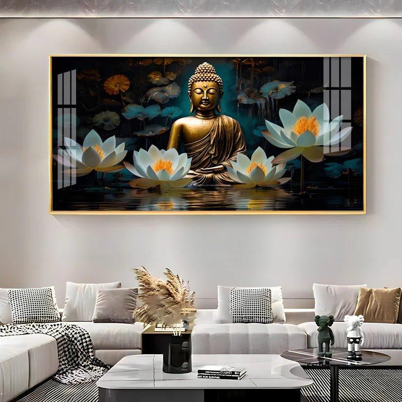Buddha with White Lotus Premium Acrylic Floating Wall Painting - Decor Smart