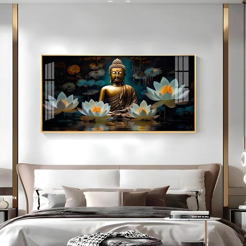 Buddha with White Lotus Premium Acrylic Floating Wall Painting - Decor Smart