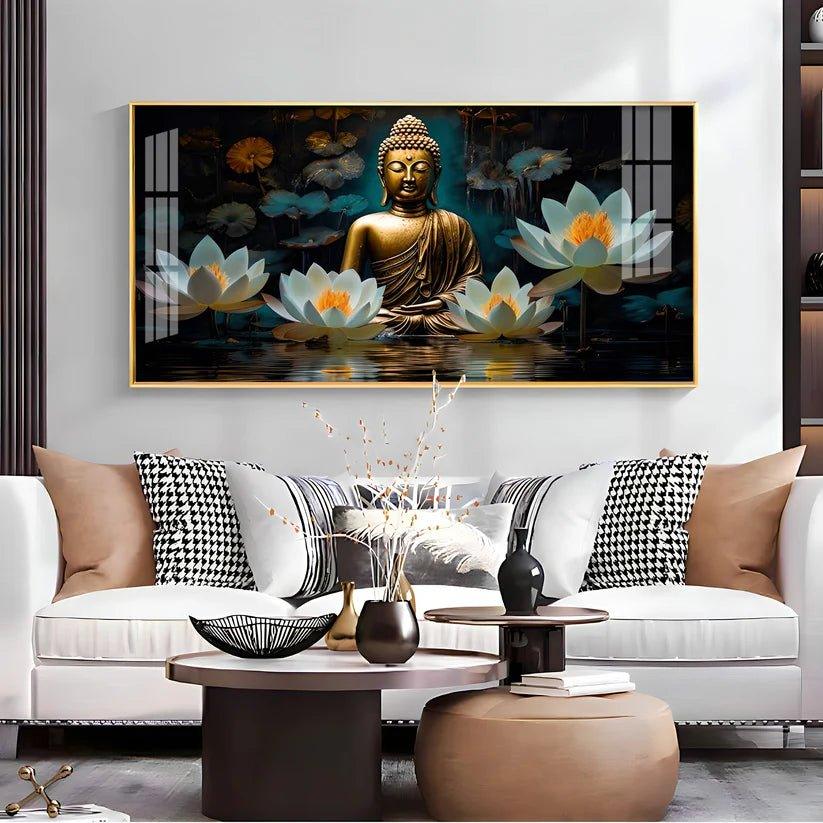 Buddha with White Lotus Premium Acrylic Floating Wall Painting - Decor Smart