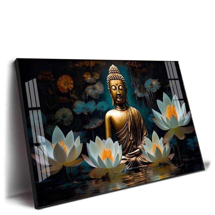 Buddha with White Lotus Premium Acrylic Floating Wall Painting - Decor Smart