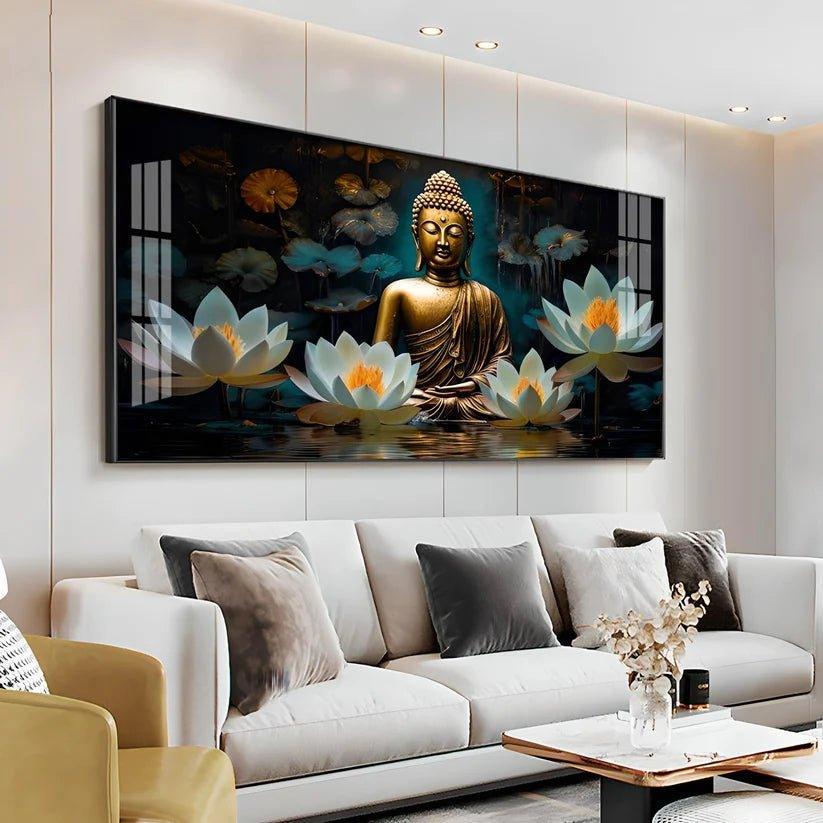 Buddha with White Lotus Premium Acrylic Floating Wall Painting - Decor Smart