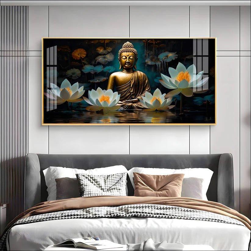 Buddha with White Lotus Premium Acrylic Floating Wall Painting - Decor Smart