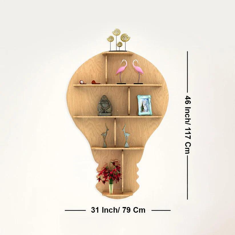 Bulb Shape Backlit Designer Wooden Wall Shelf / Book Shelf / Night Light, Light Oak Finish - Decor Smart