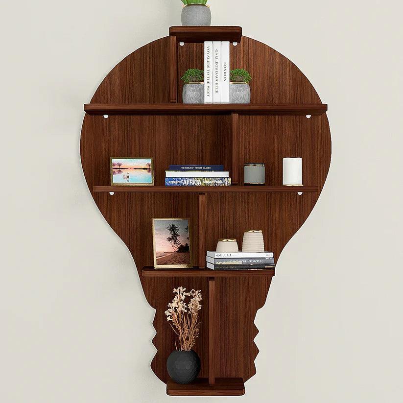 Bulb Shape Backlit Designer Wooden Wall Shelf / Book Shelf / Night Light, Walnut Finish - Decor Smart