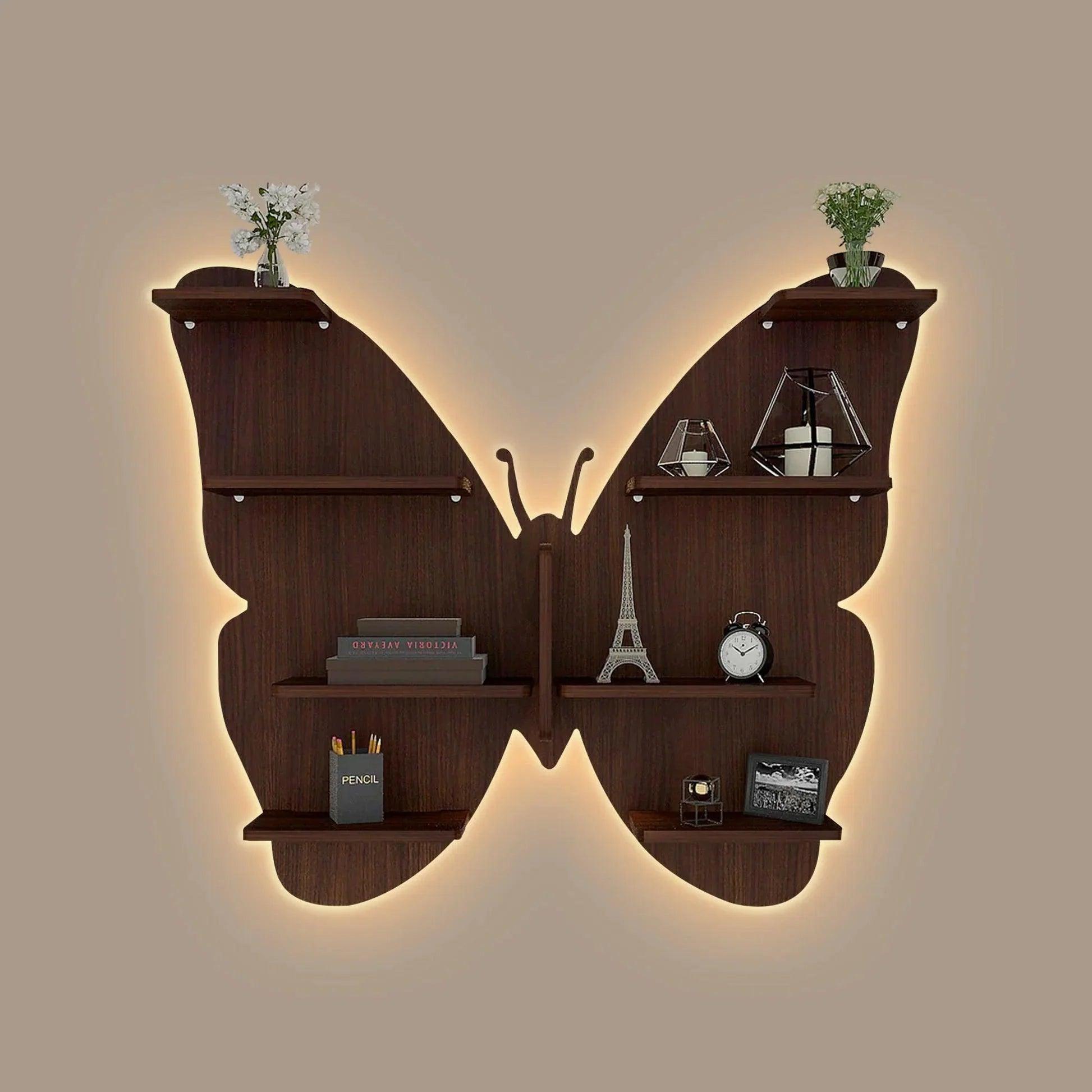 Butterfly Shape Backlit Designer Wooden Wall Shelf / Book Shelf / Night Light, Walnut Finish - Decor Smart